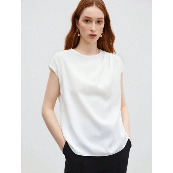 cap sleeve keyhole back silky boatneck blouse black office work - Picture 4 of 4